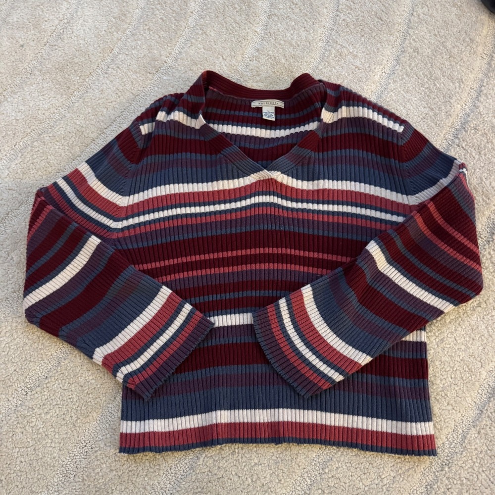 VTG Maurices Striped Ribbed Knit V-Neck Sweater Burgundy Blue 100% Cotton Large
